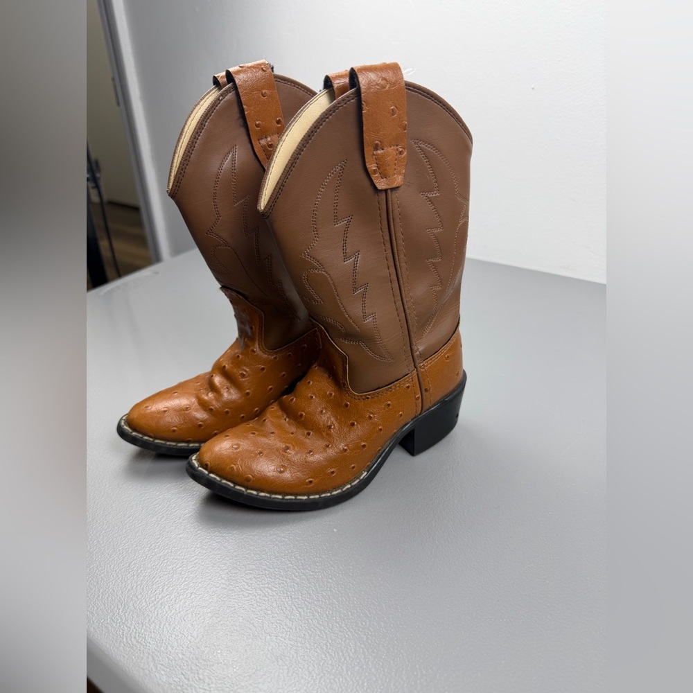 Old West Kids Brown Synthetic Ostrich Leather Cowboy Boots Size 13 Youth Pull On - Picture 8 of 8